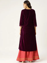 Purple Zari Embroidery V-Slit Straight Velvet Kurta