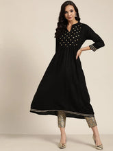 Black Foil Print Yoke Gathered Liva Kurta