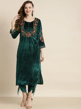 Teal Velvet Floral Embroidery Straight Kurta