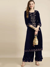 Navy Velvet Floral Zari Embroidery Kurta