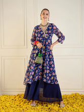 Women Blue Floral High Low Anarkali Kurta-SHKUR00427