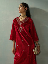 Women Red Velvet V-Neck Embroidered Kurta-SHKUR00439