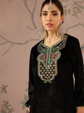 Women Black Velvet Front Embroidered Straight Kurta-SHKUR00475