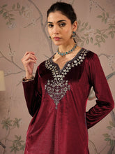 Women Maroon Velvet Full Sleeves Embroidered Straight Kurta-SHKUR00476