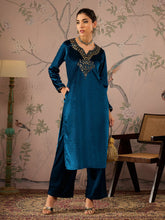 Women Teal Velvet Full Sleeves Embroidered Straight Kurta-SHKUR00477
