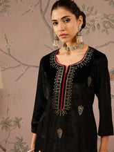 Women Black Velvet Front All Over Embroidered Straight kurta-SHKUR00479