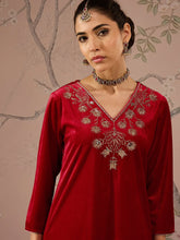 Women Red Velvet V-Neck Embroidered Straight Kurta-SHKUR00480