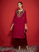 Women Fuchsia Velvet Round Neck Embroidered Kurta With Straight Pants-SHKUR00486_SHPAN50988