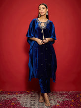 Women Royal Blue Velvet Front Embroidered Kaftan Kurta-SHKUR00490