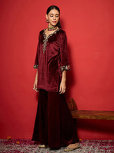 Women Maroon Velvet V-Neck Short Kurta With Palazzo Pants-SHKUR00493_SHPAN51056