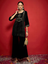 Women Black Velvet Embroidered Short Kurta With Palazzo Pants-SHKUR00500_SHPAN51057