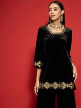 Women Black Velvet Front Embroidered Glass Neck Short Kurta-SHKUR00502