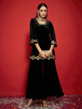 Women Black Velvet Embroidered Glass Neck Short Kurta With Palazzo Pants-SHKUR00502_SHPAN51057