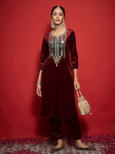 Women Maroon Velvet Front Embroidered Straight Kurta With Straight Pants-SHKUR35001_SHPAN50989