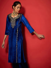 Women Royal Blue Velvet Embroidered Round Neck Kurta-SHKUR35004