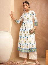 Women White Floral Front Dori Gathered Kurta With Straight Pants-SHKUR35011_SHPAN51179