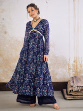 Women Navy Blue Floral V Neck Anarkali Kurta-SHKUR35033