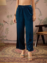 Women Teal Velvet Elasticated Straight Pants-SHPAN50990