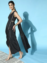 Women Black Sleeveless RTW Draped Saree With Belt