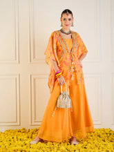 Women Mustard Printed Cape With Flared Pants & Crop Top-SHSET95942