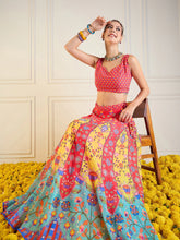 Women Red & Yellow Floral Anarkali Skirt With Dori Crop Top-SHSET95944