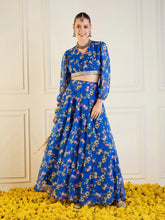 Women Royal Blue Floral Anarkali Skirt With Wrap Crop Top-SHSET95950