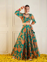 Women Green & Mustard Floral Anarkali Skirt With Crop Top-SHSET95957