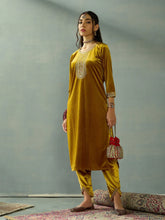 Women Mustard Velvet Embroidered Kurta With Tulip Pants-SHSET96039