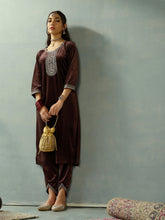 Women Brown Velvet Embroidered Kurta With Tulip Pants-SHSET96040