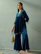 Women Teal Velvet Embroidered Peplum Top With Palazzos-SHSET96041