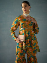 Women Yellow Floral High Low Peplum Top With Sharara Pants-SHSET96043