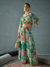 Women Green Floral Ruching Top With Anarkali Skirt-SHSET96051