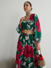Women Green & Red Floral Wrap Top With Anarkali Skirt-SHSET96055