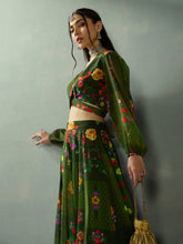 Women Green Floral Tie Knot Crop Top With Anarkali Skirt-SHSET96067