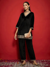 Women Black Velvet Emb V-Neck Short Kurta With Straight Pants-SHSET96114