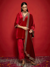 Women Red Velvet Embroidered V-Neck Short Kurta Set With Dushala-SHSET96115_SHSCR99075