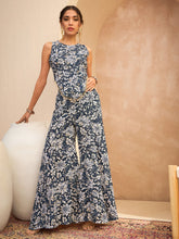 Women Blue & White Floral Sleeveless Top With Palazzos-SHSET96153