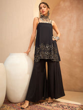 Women Black Embroidered Strappy Kurta With Palazzos-SHSET96170