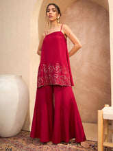 Women Maroon Embroidered Strappy Kurta With Palazzos-SHSET96171