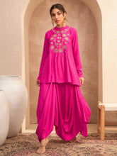 Women Fuchsia Embroidered Peplum Top With Dhoti Skirt-SHSET96172