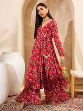 Women Red Floral Wrap Anarkali Kurta With Palazzos-SHSET96179