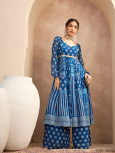 Women Blue Floral Sweetheart Neck Anarkali Kurta With Palazzos-SHSET96180