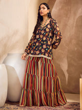 Women Black Floral Short Kurta With Tiered Sharara-SHSET96181