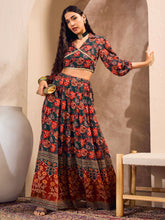 Women Green Floral Collar Crop Top With Anarkali Skirt-SHSET96184