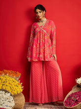 Women Pink Floral V Neck Peplum Top With Sharara Pants-SHSET96242