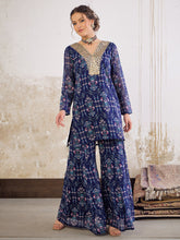 Women Navy Blue Floral Short Kurta With Palazzo Pants-SHSET96265