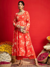 Women Orange Floral Anarkali Kurta With Straight Pants-SHSET96267
