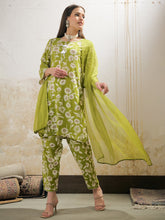 Women Green & White Floral Rayon Kurta With Salwar & Dupatta-SHSET96277