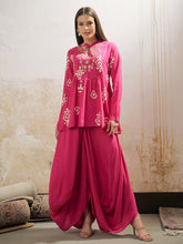 Women Pink Motif Embroidered Rayon Peplum Top With Solid Dhoti Skirt-SHSET96281