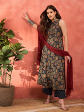 Women Navy Floral Sleeveless Kurta With Pencil Pants & Dupatta-SHSET96298